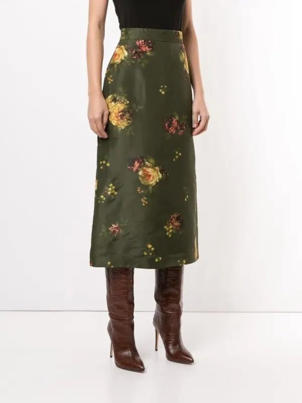 NWT $900 Brock Collection Rabbit Silk Floral Print Skirt Dark Green Multi Sz 10